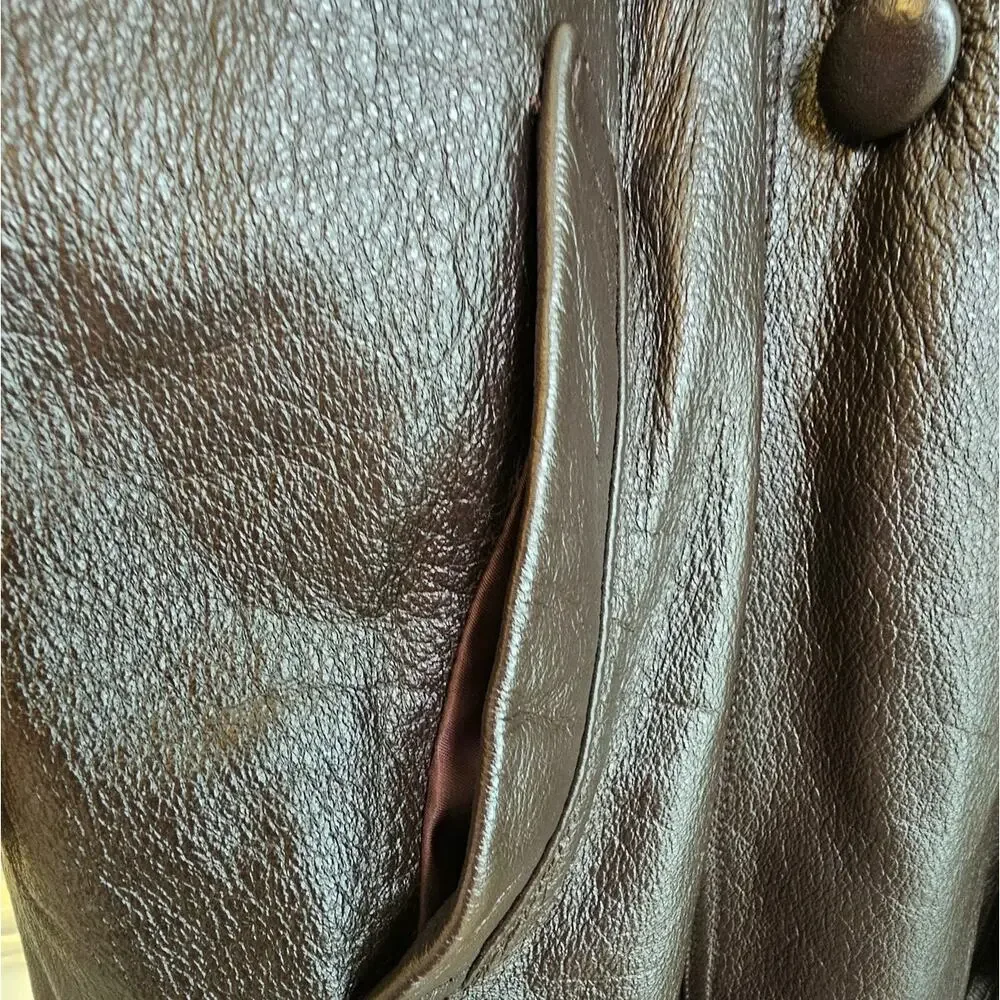 Together! Vintage Dark Brown Leather Double Breasted Trench Coat with Belt